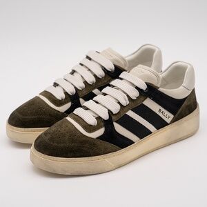 size 10.5 Bally Rebby Olive Black White Green Suede Sneakers
